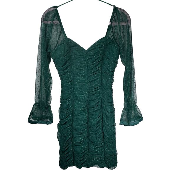 Haute Mondae Emerald Green Long Sleeve Polka Dot Ruched Lace Mesh Mini Dress Sma - Picture 2 of 5
